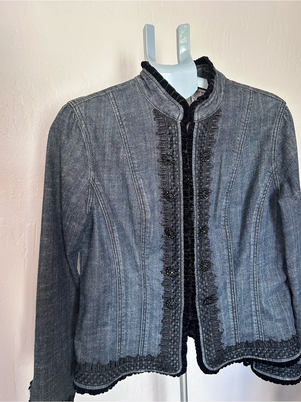 Chico's Blue Denim-Style Embellished Blazer, Size 12.